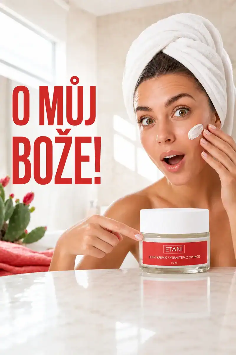 „O můj Bože!“ — žena s ručníkem na hlavě ukazuje na ETANI Denní krém s extraktem z opuncie 50 ml