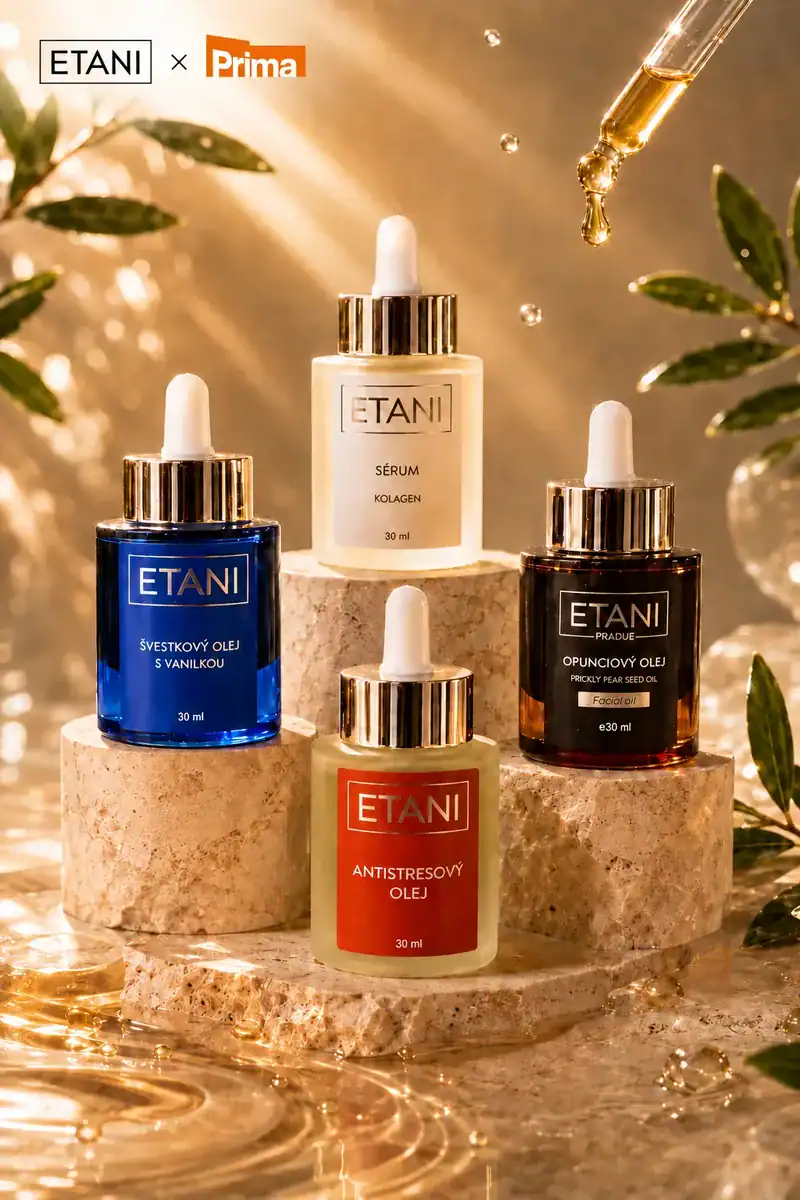 ETANI × Prima — Švestkový olej s vanilkou, Kolagen sérum, Opunciový olej a Antistresový olej