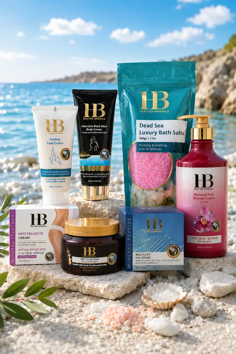 Kosmetika H&B Dead Sea Minerals na pláži u Mrtvého moře — soli, bahenní masky a tělová péče