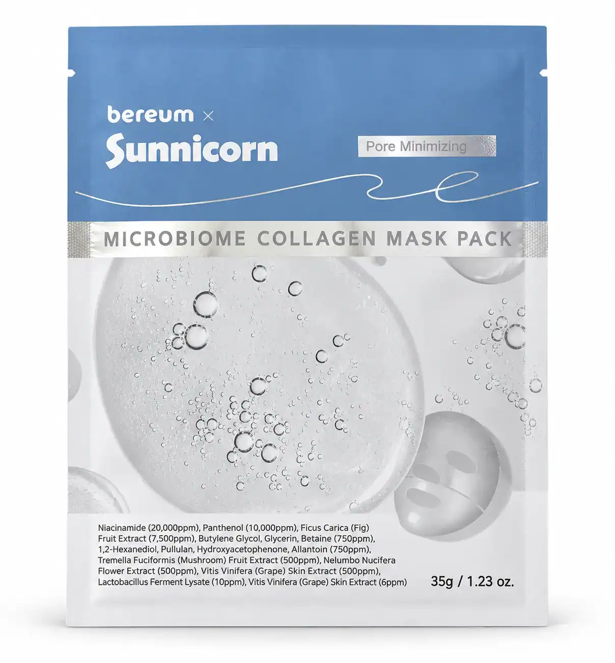 bereum × Sunnicorn – Kolagenová maska pro stažení pórů – Microbiome Collagen Mask Pack, 35 g